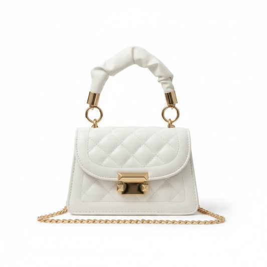White quilted mini top handle handbag with gold chain strap and square silhouette, elegant women’s shoulder bag for parties and everyday wear