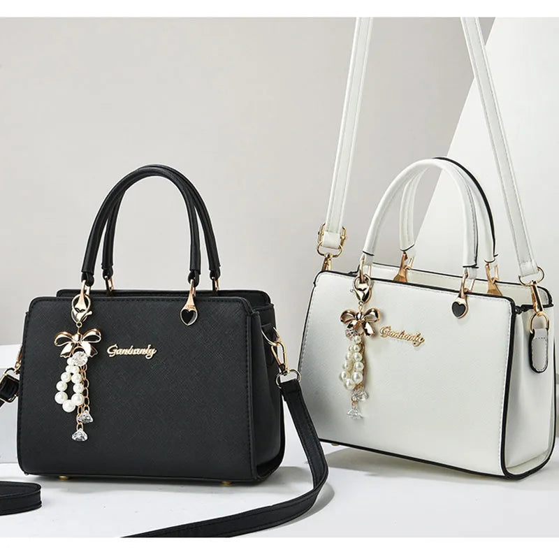 Bolso de hombro cuadrado minimalista (elegante bolso con cremallera, dije de perla y bolsillos organizadores) 