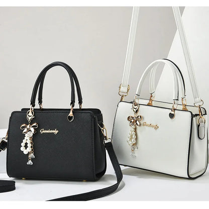 Bolso de hombro cuadrado minimalista (elegante bolso con cremallera, dije de perla y bolsillos organizadores) 