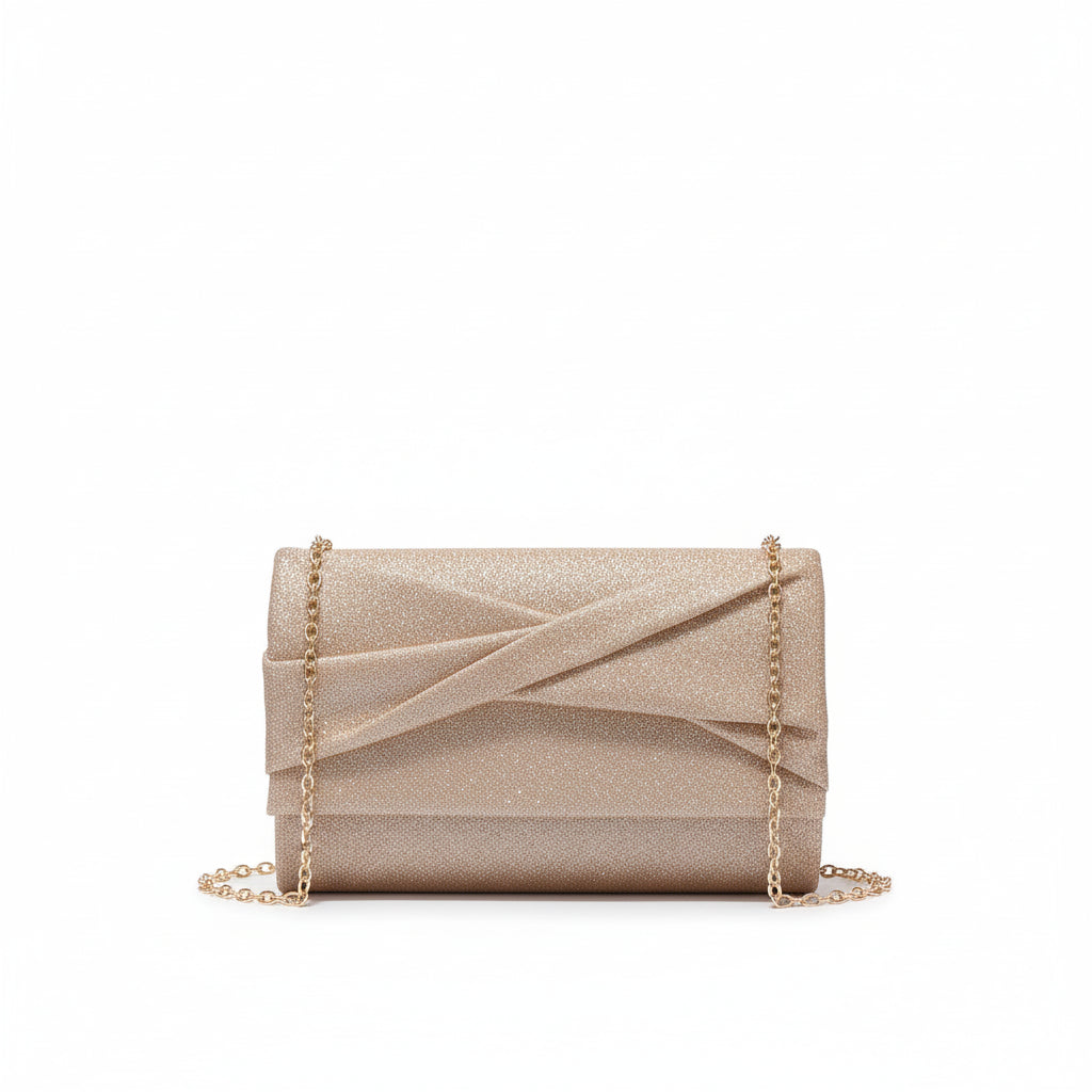 Champagne glitter evening clutch with pleated crossover design and chain strap