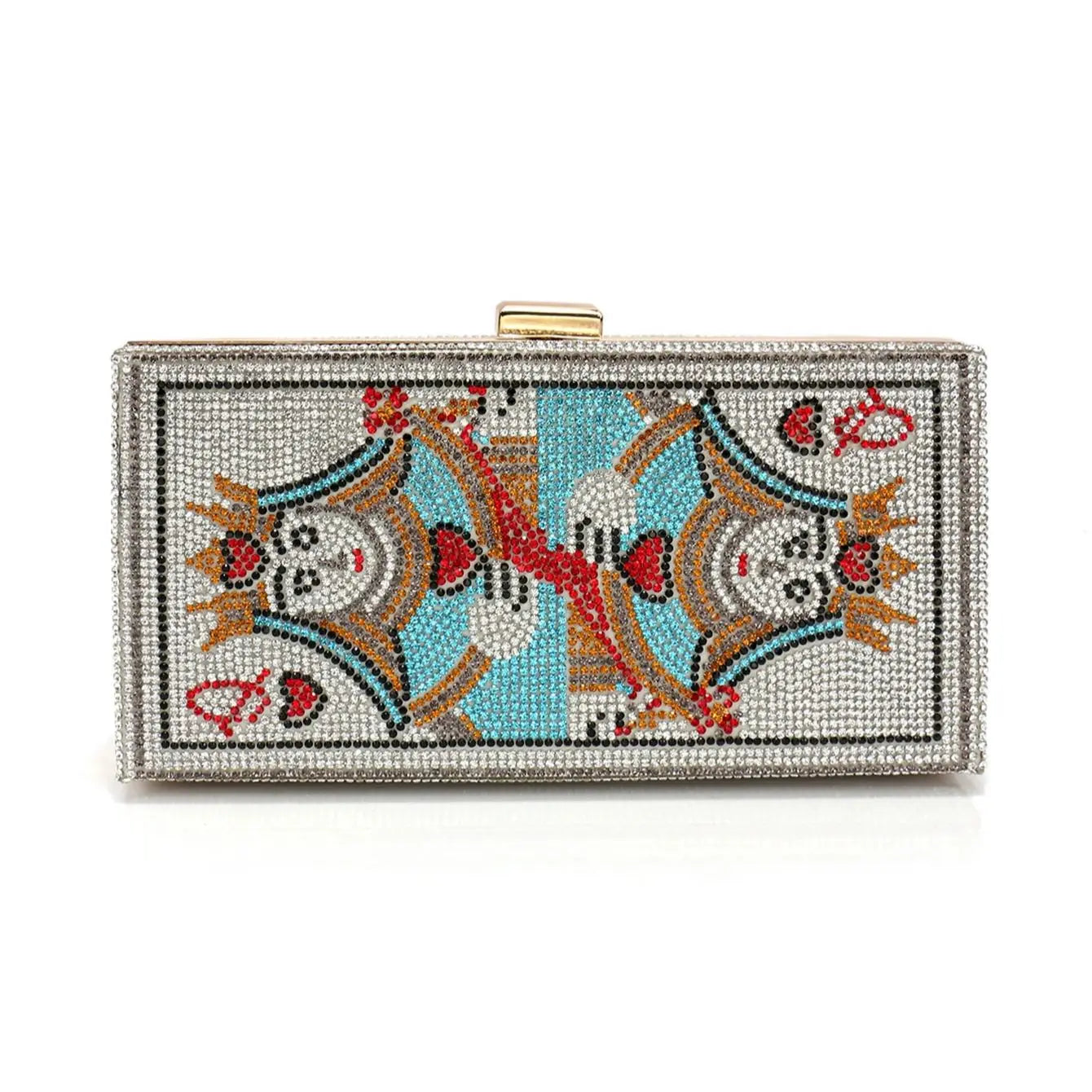 Decorative rhinestone evening clutch with mosaic artwork and structured acrylic design, luxury women’s party handbag