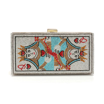 Decorative rhinestone evening clutch with mosaic artwork and structured acrylic design, luxury women’s party handbag