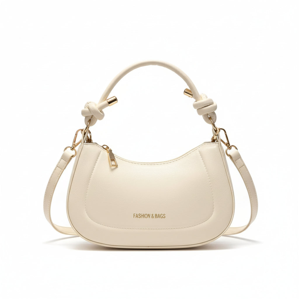 Minimalist crescent shoulder bag in smooth PU leather with adjustable strap and zipper closure, elegant women’s everyday handbag