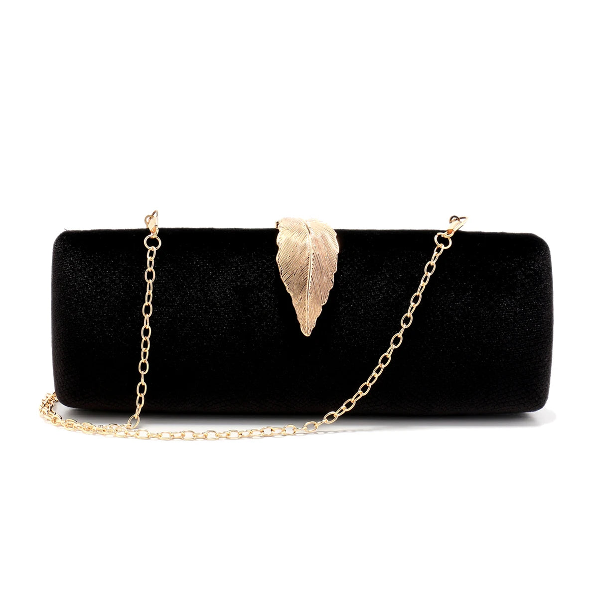 Black velvet evening clutch with gold leaf accent and chain strap, elegant women’s formal handbag for weddings and parties