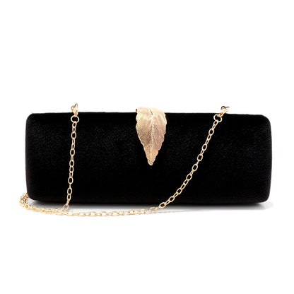 Black velvet evening clutch with gold leaf accent and chain strap, elegant women’s formal handbag for weddings and parties