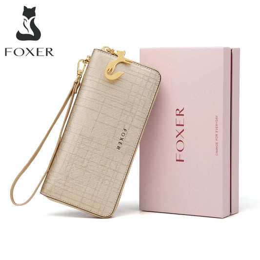 FOXER saffiano leather women’s zip around wallet with wristlet luxury long wallet gold textured design
