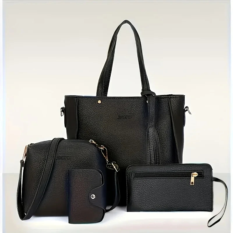 black four piece women’s handbag set luxury tote bag with matching crossbody clutch and wallet set