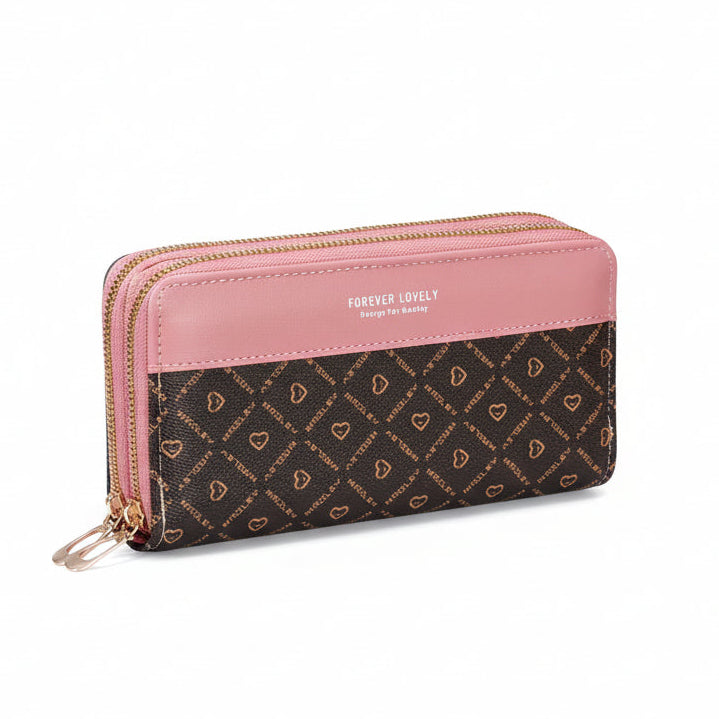 Pink and brown monogram long zip wallet for women with structured organizer interior and wrist strap