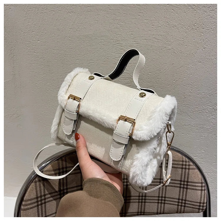 Bolso de hombro vintage de ante sintético (bolso con solapa y ribete de piel para otoño e invierno) 