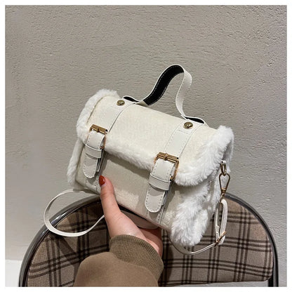 Bolso de hombro vintage de ante sintético (bolso con solapa y ribete de piel para otoño e invierno) 