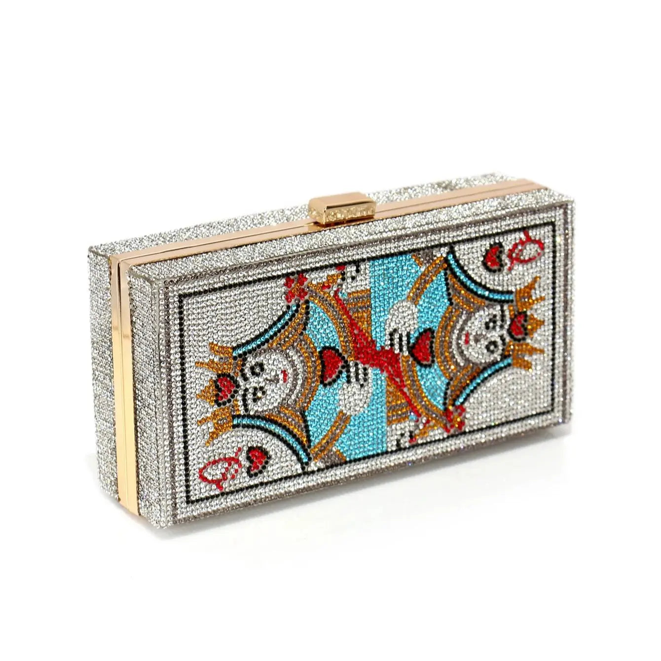 Colorful mosaic rhinestone box clutch with gold trim and chain strap, artistic women’s evening handbag for prom and formal events