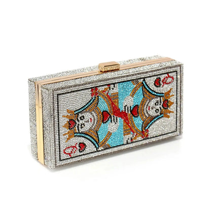 Colorful mosaic rhinestone box clutch with gold trim and chain strap, artistic women’s evening handbag for prom and formal events