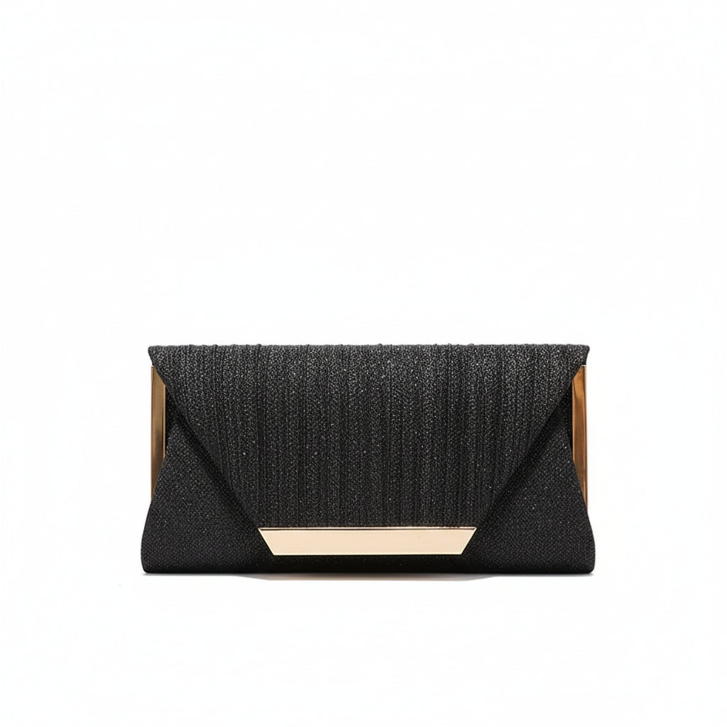Black metallic envelope evening clutch with gold accent formal women party handbag
