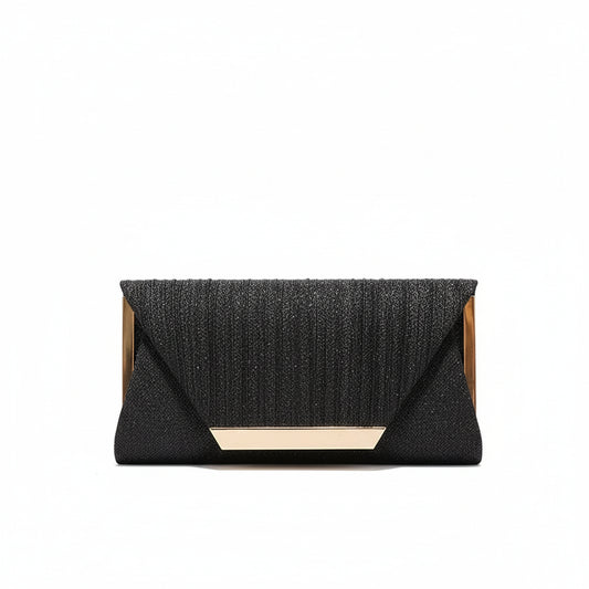 Black metallic envelope evening clutch with gold accent formal women party handbag