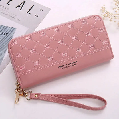 Pink quilted long women wallet with crown pattern and gold zipper regal Korean inspired design