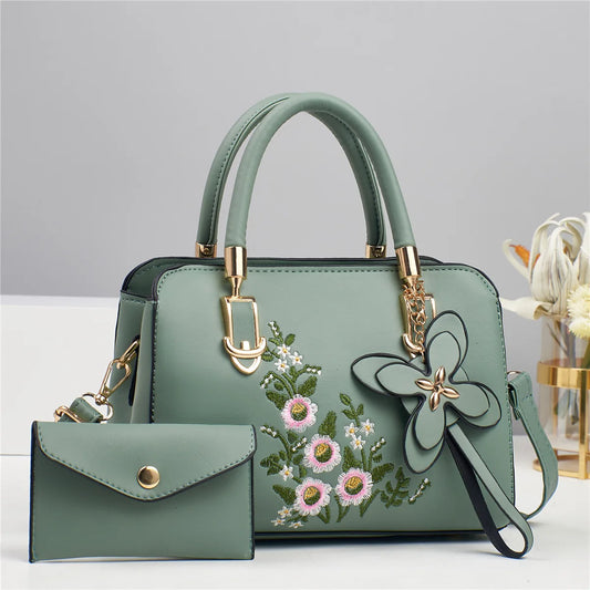 Green embroidered floral women satchel handbag with bow detail and matching mini pouch structured shoulder bag