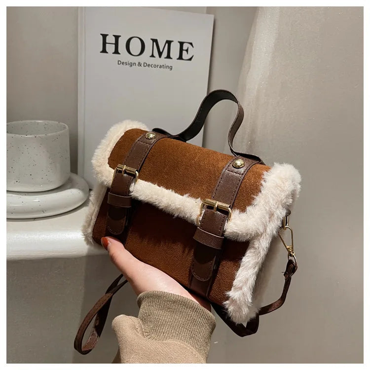 Bolso de hombro vintage de ante sintético (bolso con solapa y ribete de piel para otoño e invierno) 