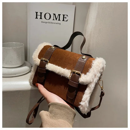 Bolso de hombro vintage de ante sintético (bolso con solapa y ribete de piel para otoño e invierno) 
