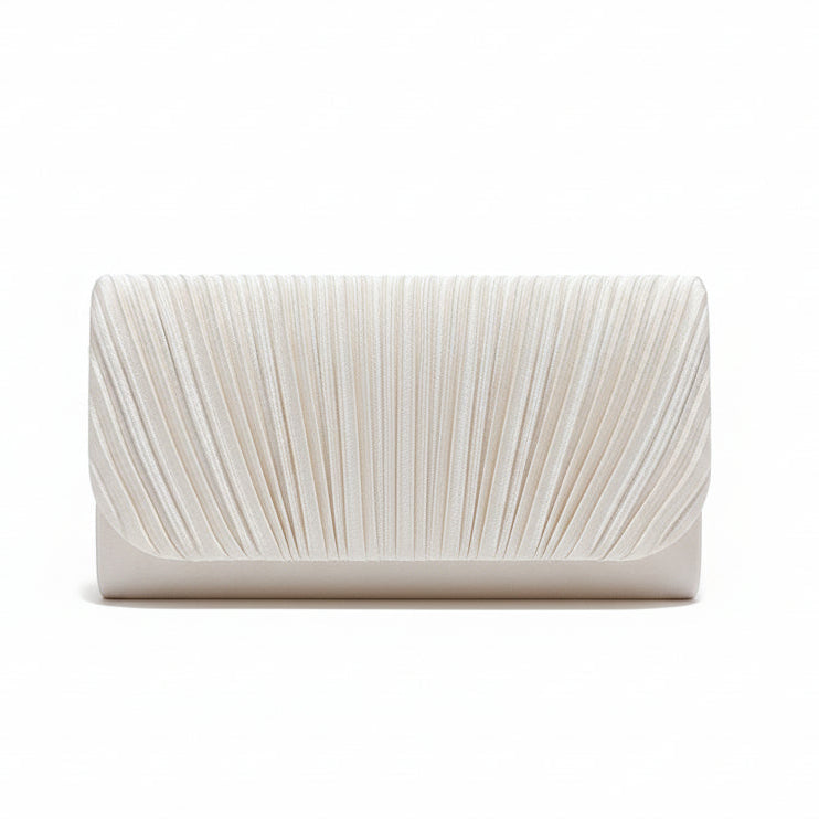 Ivory pleated evening clutch for women structured ruched formal wedding handbag front view