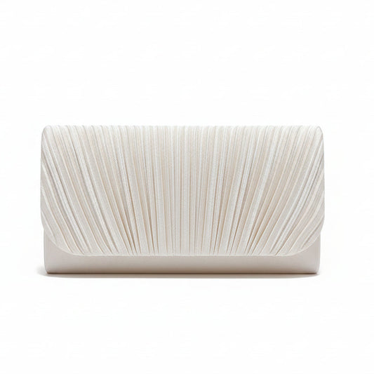 Ivory pleated evening clutch for women structured ruched formal wedding handbag front view