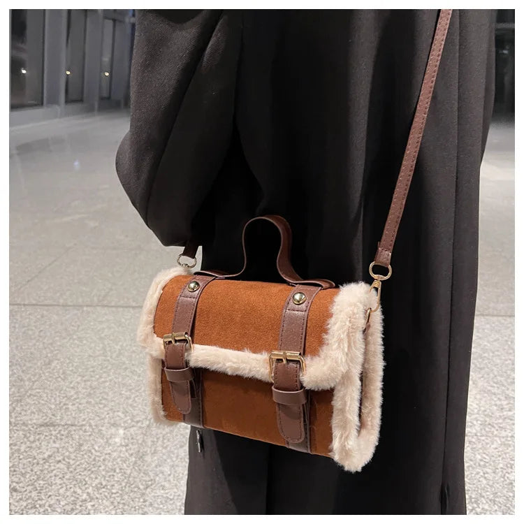 Bolso de hombro vintage de ante sintético (bolso con solapa y ribete de piel para otoño e invierno) 