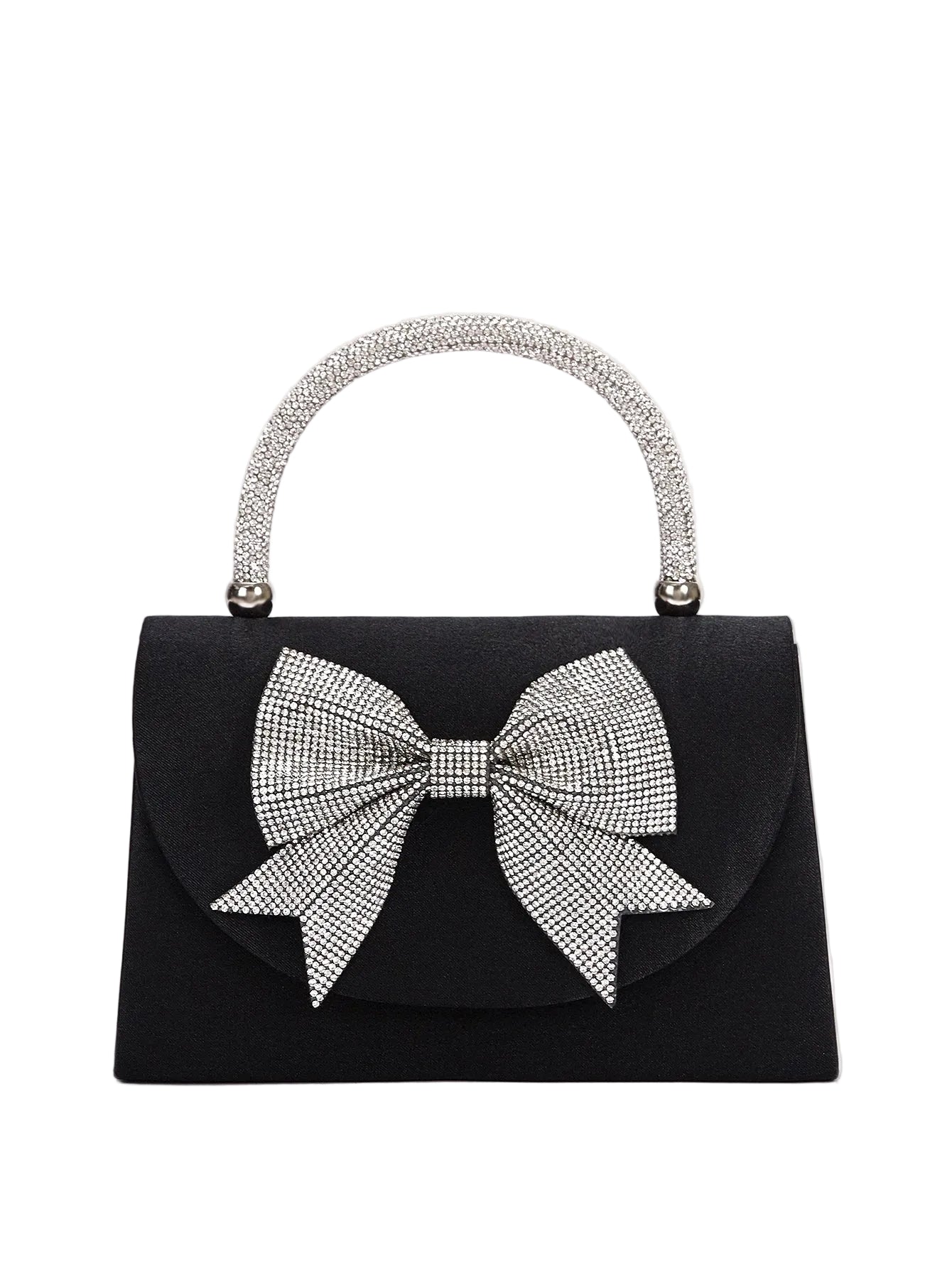 Black structured evening handbag with large crystal bow and rhinestone top handle elegant party minaudiere purse for women on neutral background