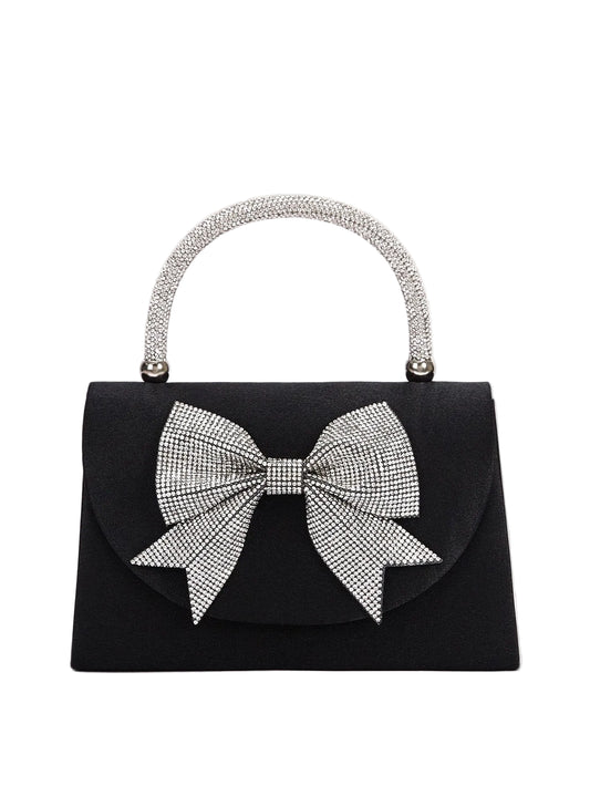 Black structured evening handbag with large crystal bow and rhinestone top handle elegant party minaudiere purse for women on neutral background