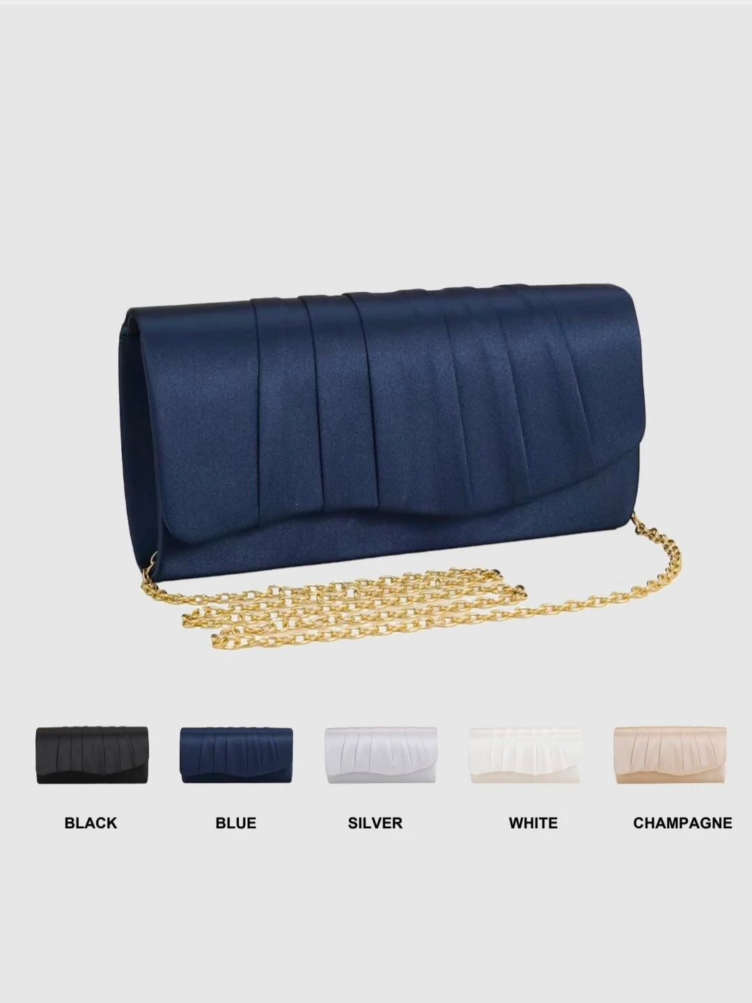 Navy pleated evening clutch with gold chain strap and structured silhouette, elegant women’s formal handbag for weddings and parties