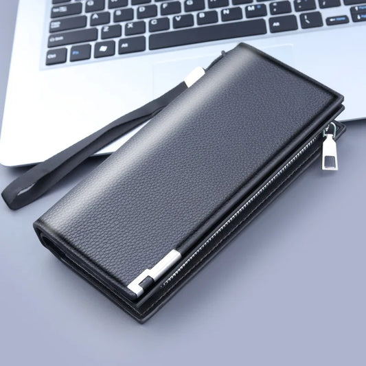Black long zip men wallet with wrist strap textured PU leather organizer clutch