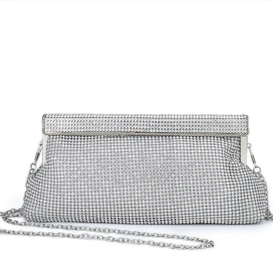 Silver crystal mesh evening clutch with ruched detailing and chain strap elegant women party handbag