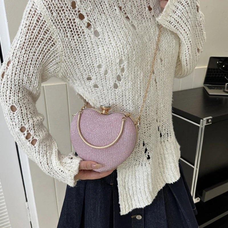 Bolso de hombro con forma de media luna y corazón (minibolso de lunares con cremallera y correa de cadena para el día a día y para salir por la noche)