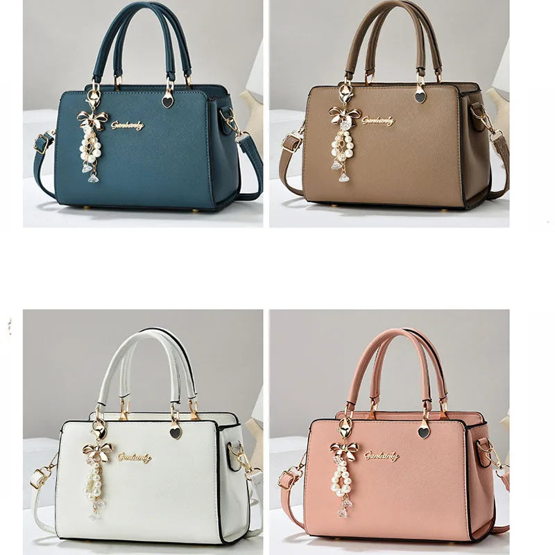 Bolso de hombro cuadrado minimalista (elegante bolso con cremallera, dije de perla y bolsillos organizadores) 