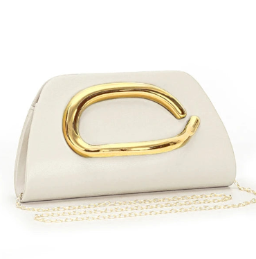 Ivory structured clutch handbag with large sculpted gold hardware and chain strap modern women evening bag