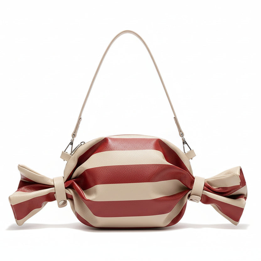 Candy inspired novelty handbag showing zipper closure and striped design, whimsical women’s statement shoulder bag