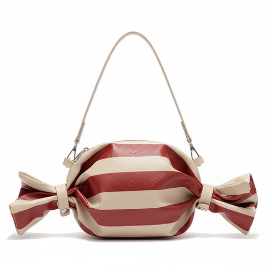 Candy inspired novelty handbag showing zipper closure and striped design, whimsical women’s statement shoulder bag