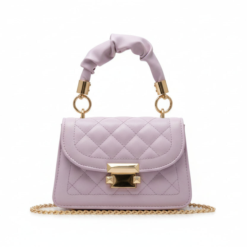 Quilted mini shoulder bag with wrapped handle and gold lock closure, compact women’s fashion handbag with chain strap