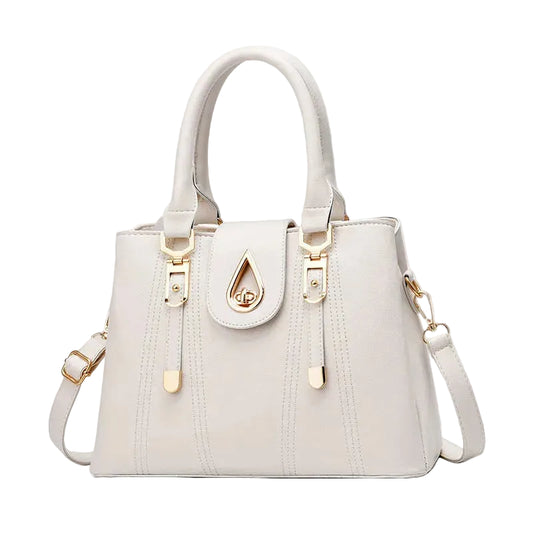 White structured women tote handbag with gold teardrop lock hardware top handles and crossbody strap elegant everyday purse