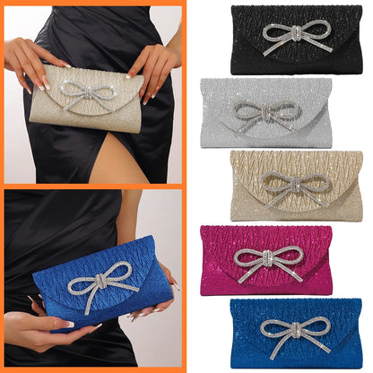 Women holding sparkly satin bow clutch handbag with slim envelope silhouette for wedding and prom styling