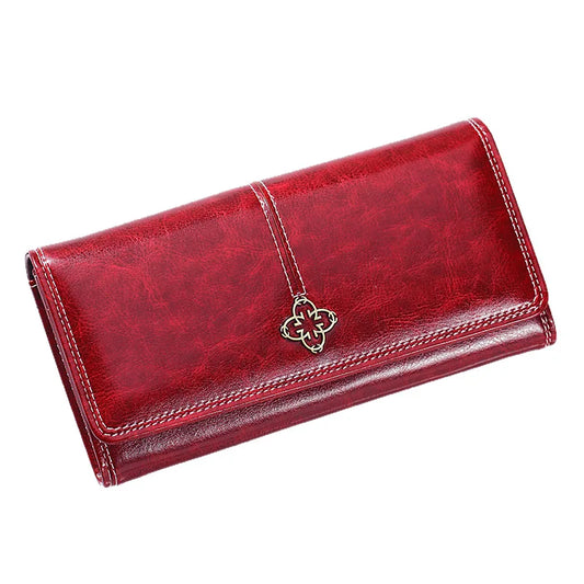 Women’s long wallet opened to show card holders and note compartments, classic slim PU leather wallet for organized daily carry