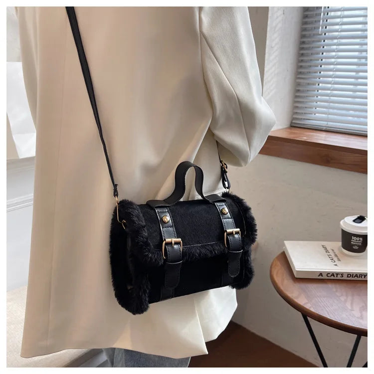 Bolso de hombro vintage de ante sintético (bolso con solapa y ribete de piel para otoño e invierno) 