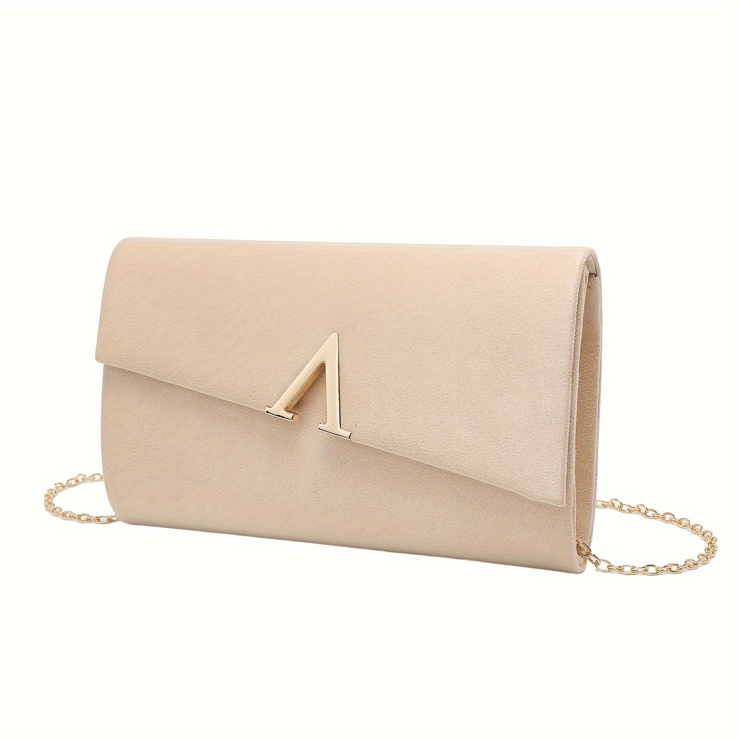 Apricot envelope clutch with gold V accent and chain strap, elegant women’s minimalist evening handbag for parties and formal occasions