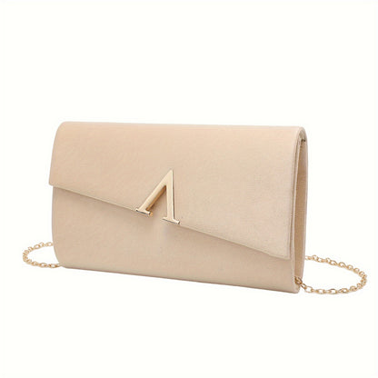 Apricot envelope clutch with gold V accent and chain strap, elegant women’s minimalist evening handbag for parties and formal occasions