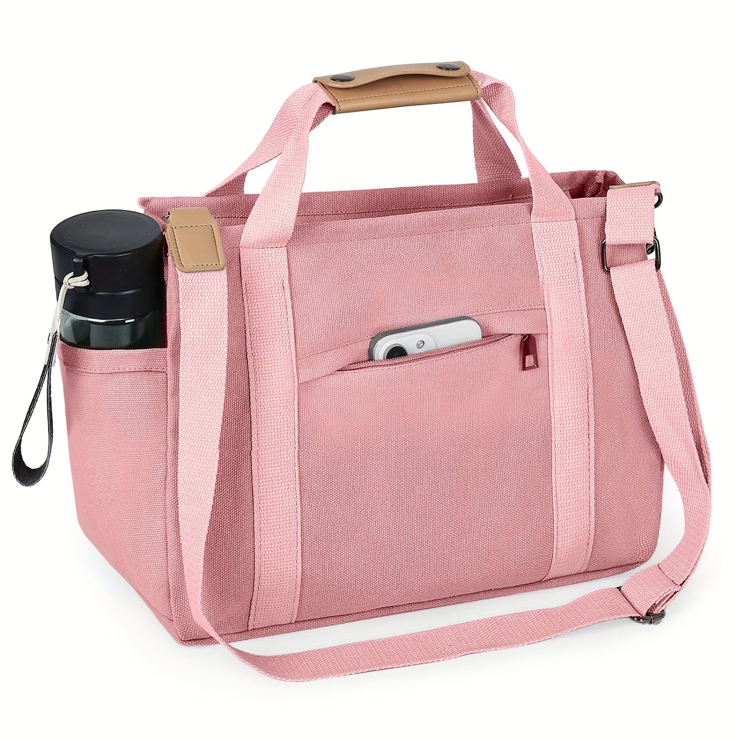 Pink multi pocket canvas tote with shoulder strap and side bottle pockets organized women's commuter bag side angle