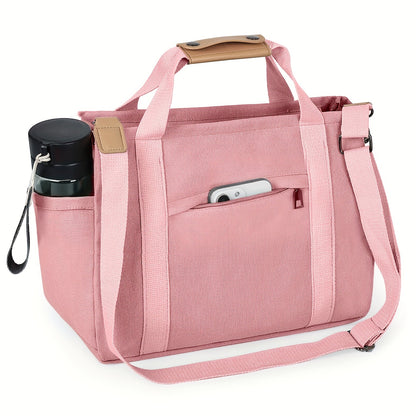 Pink multi pocket canvas tote with shoulder strap and side bottle pockets organized women's commuter bag side angle